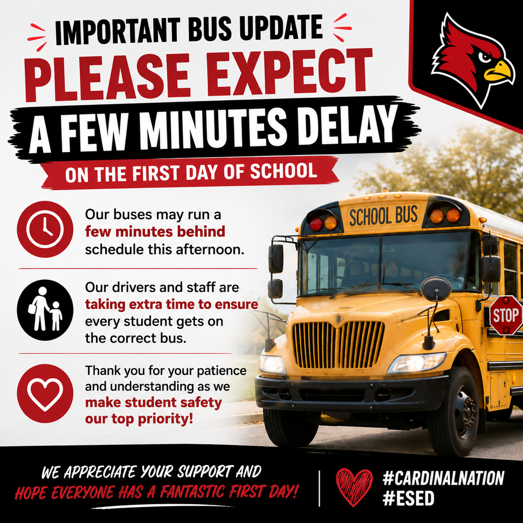 A school bus drives on a street. Text describes bus delays for the first day of school.