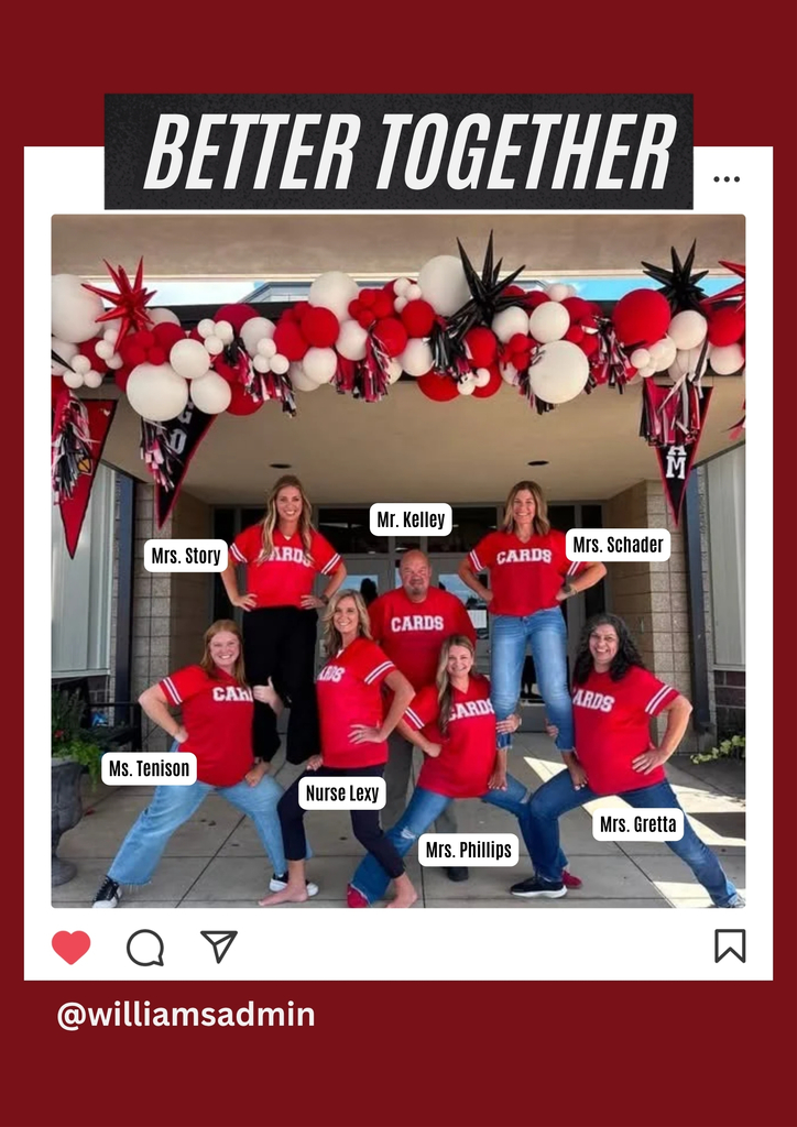 Group photo of staff in red shirts and jeans, standing in front of a building. Above them, red and white balloons and banners.