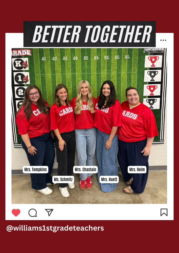 Five women in red shirts stand in front of a football field backdrop. Each wears red shirts and various pants. The backdrop includes the phrase "BETTER TOGETHER".