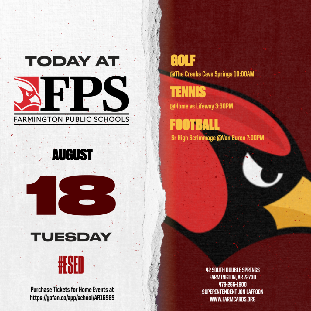 Sports event flyer with maroon background and black text. It reads "Today at FPS" and "August 18 Tuesday".