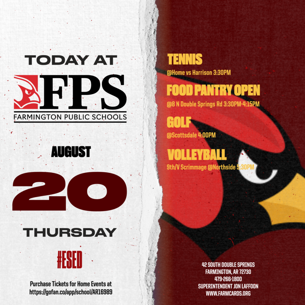 Event flyer with a red and black cardinal graphic, date August 20th, Thursday, and activities listed on the right.