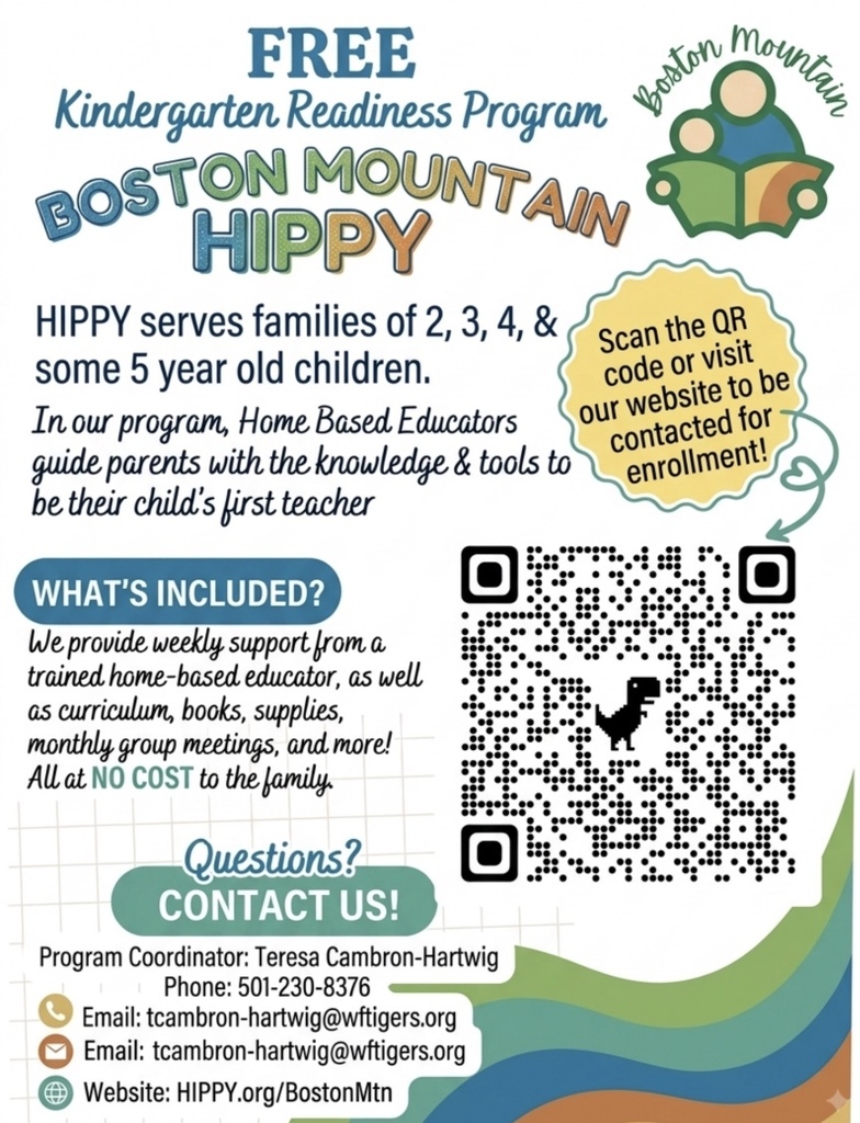 Poster with a colorful background, a child, and a dinosaur. QR code, text, and phone number.