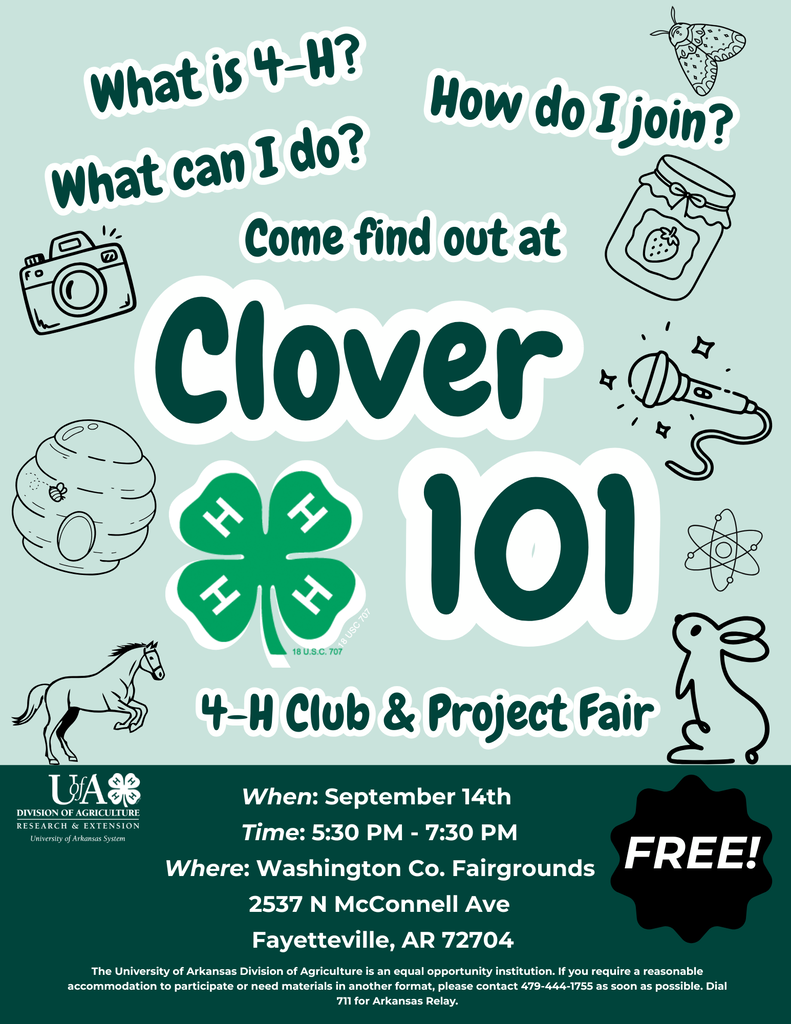 Poster for Clover 101 event. Green clover, H, questions, camera, microscope. Free event at Washington Co. Fairgrounds.