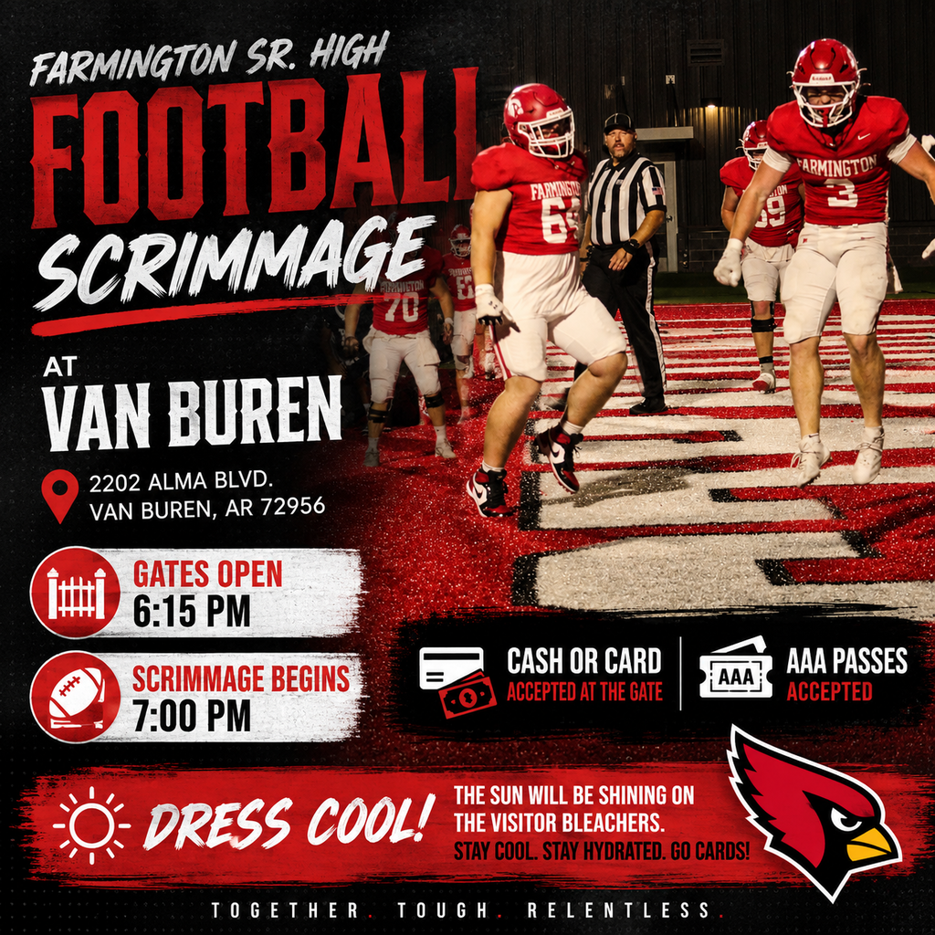 A poster shows a football game with players in red uniforms, one running and others walking. Gates open at 6:15 PM, game starts at 7:00 PM. Cash or card accepted.