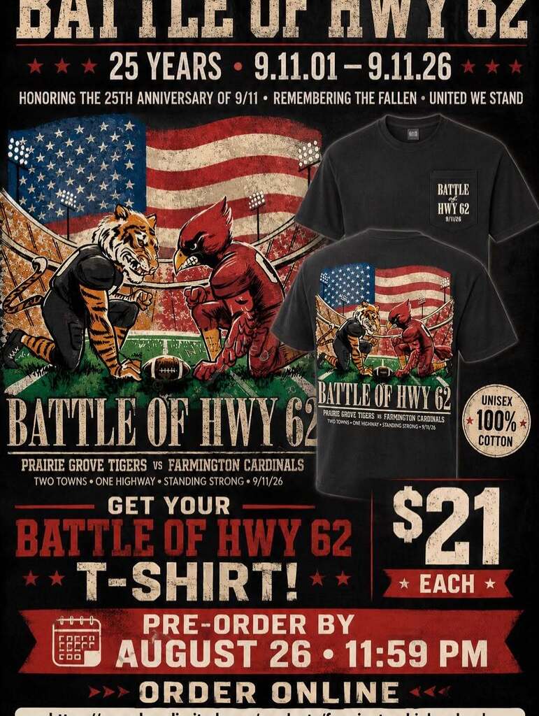 A poster for the Battle of Hwy 62 T-shirt sale. It includes images of football players, American flags, and a pre-order date.