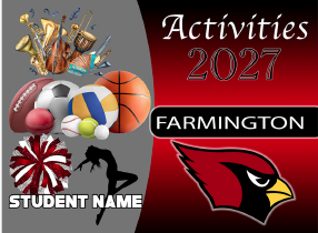 Sports and musical instruments on a maroon background. Text reads "Activities 2027 Farmington" and "Student Name".