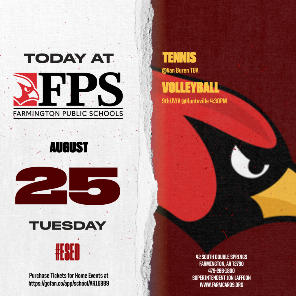 Sports event flyer for Tuesday, August 25. Features red bird logo and text for Tennis and Volleyball.