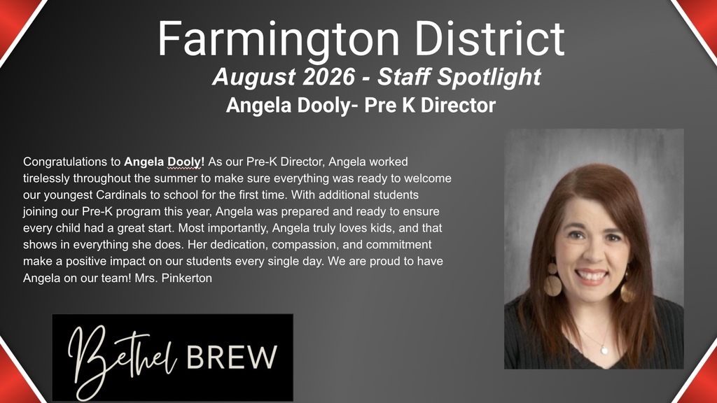 A promotional graphic displays the Farmington District's August 2026 Staff Spotlight featuring Angela Dooley, Pre-K Director, with a photo of a smiling woman.