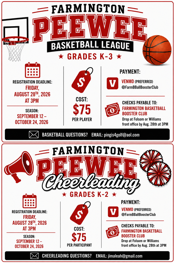 Poster with two sections for basketball and cheerleading leagues. Red and white color scheme. Registration deadline on August 28, 2026.