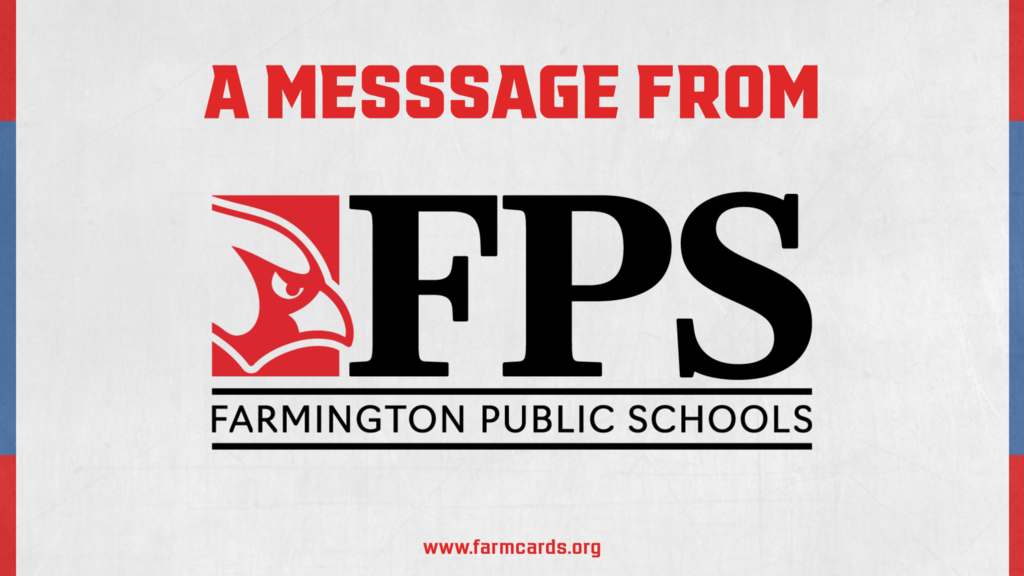 Logo for Farmington Public Schools displayed in red and black, featuring a stylized bird and the text "A MESSAGE FROM FPS"