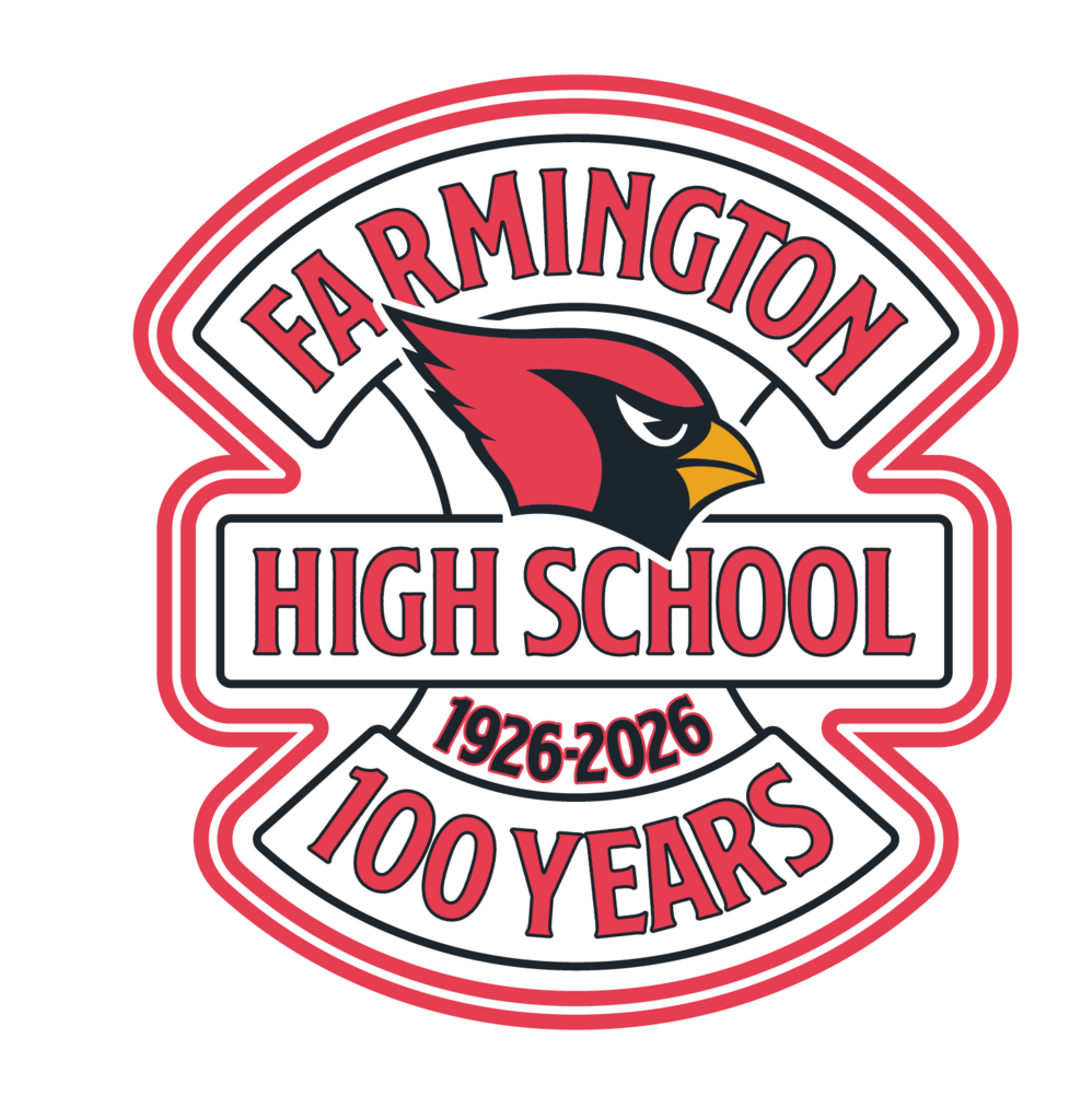 A circular logo features "FARMINGTON HIGH SCHOOL" in large letters. Above, a red and black bird head is centered. Below, "1926-2026" and "100 YEARS" are in smaller text.