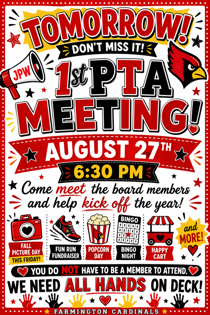 1st PTA meeting is August 27th at 6:30 PM.