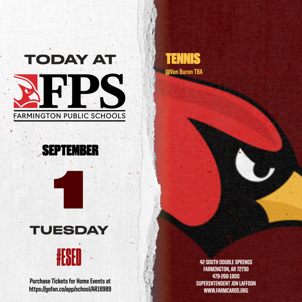 Poster with red and white sections. Text reads: "Today at FPS" on left, "Tennis" on right. Date "September 1, Tuesday" and "CLOSED" in red.