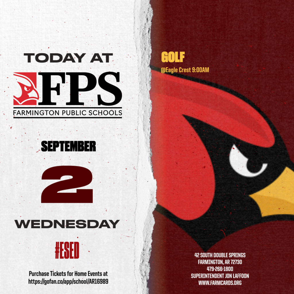 Event poster for Golf, featuring "FARMINGTON PUBLIC SCHOOLS" logo, date "September 2, Wednesday", and red hawk mascot with yellow beak.