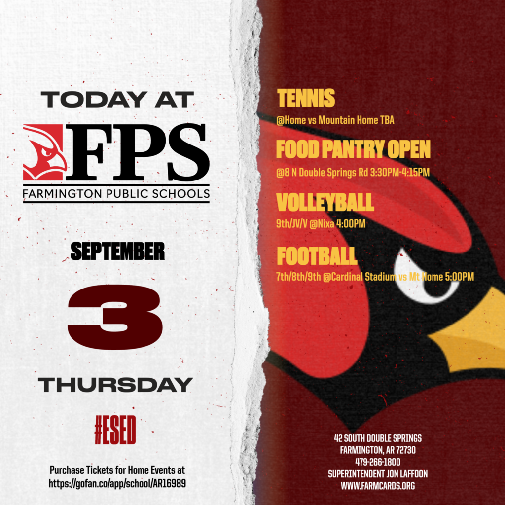 Poster with white and maroon background. Text reads "Today at FPS" and "September 3 Thursday". Events listed include Tennis, Food Pantry, Volleyball, and Football.