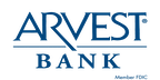 Blue text "Arvest Bank" on black background. Light blue border around text.