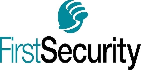Logo for FirstSecurity, featuring blue waves forming a hand, on a white background.
