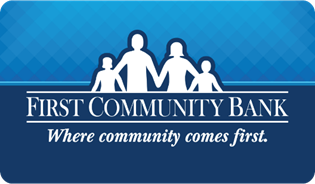 Logo with blue background and white family icon. Text reads "First Community Bank, Where community comes first."