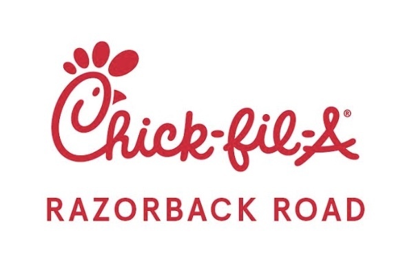 A logo with a red paw print and the words "Chick-fil-A Razorback Road" in red text on a white background.