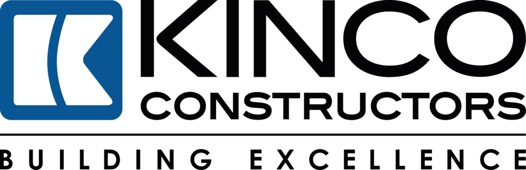 Blue and white "KINCO" logo with "CONSTRUCTORS" below, "BUILDING EXCELLENCE" beneath. Black background.