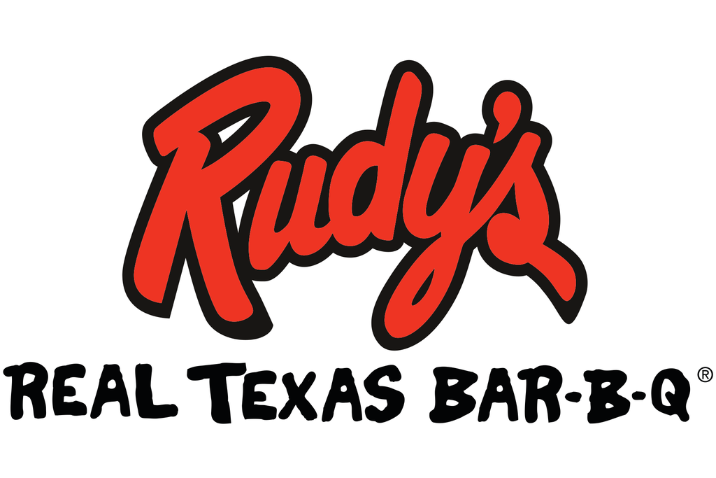 Logo for Rudy's Real Texas Bar-B-Q, featuring red and black text on a white background.