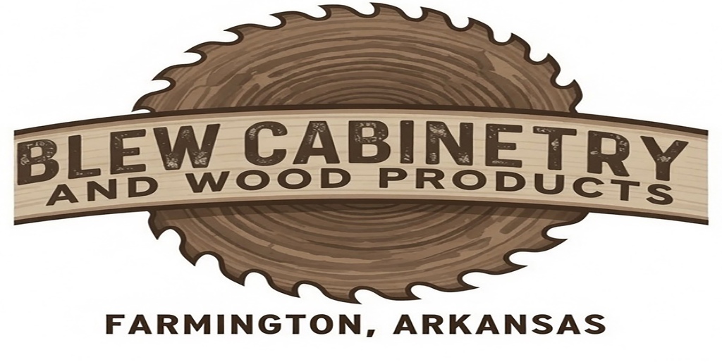 Logo for Blew Cabinetry and Wood Products, Farmington, Arkansas. A wood-cut saw blade with a ribbon.