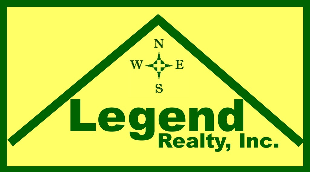 Yellow background with a green triangle. Logo reads "Legend Realty, Inc." with a compass at the top.
