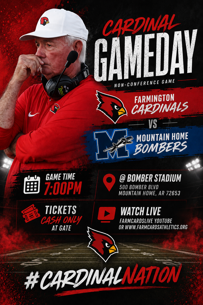 An advertisement poster with a coach on a red background. It includes game details, venue, and live-watch options.