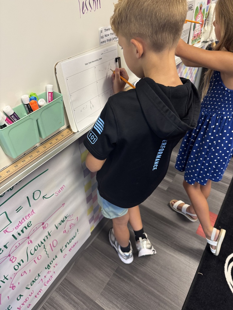 Two children, one in a blue dress and the other in a black hoodie, write on a whiteboard.