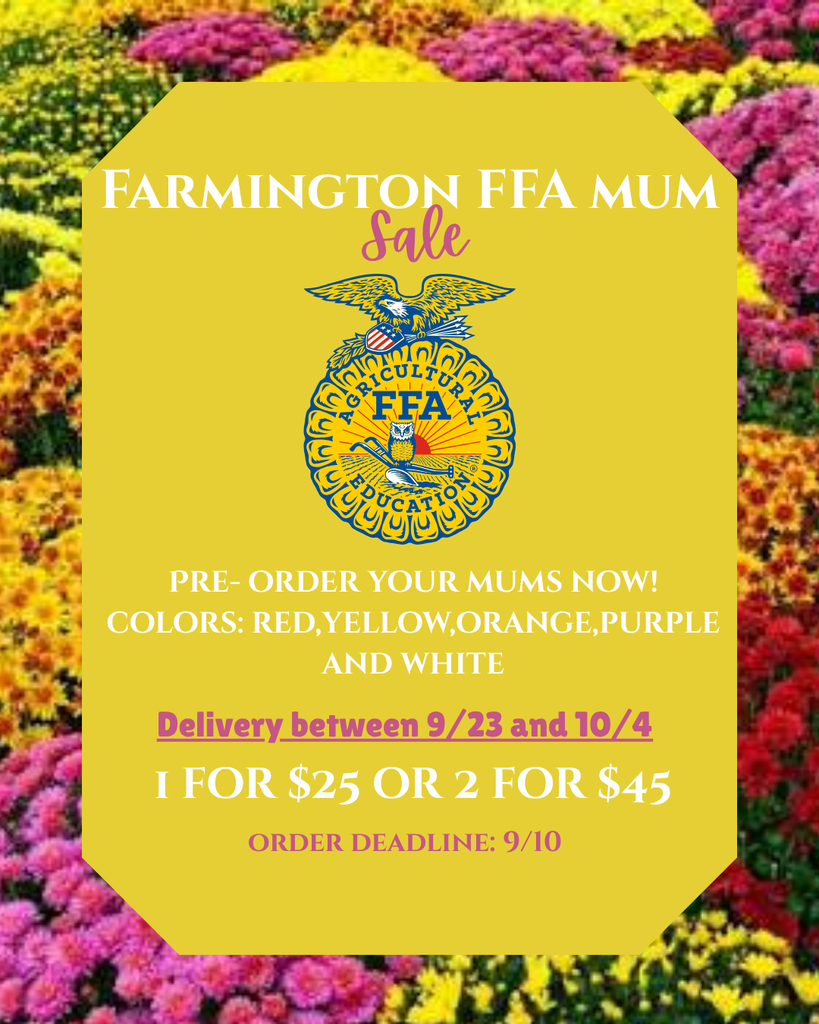 An advertisement for the Farmington FFA Mum Sale with floral background. Details about colors and pricing are provided.