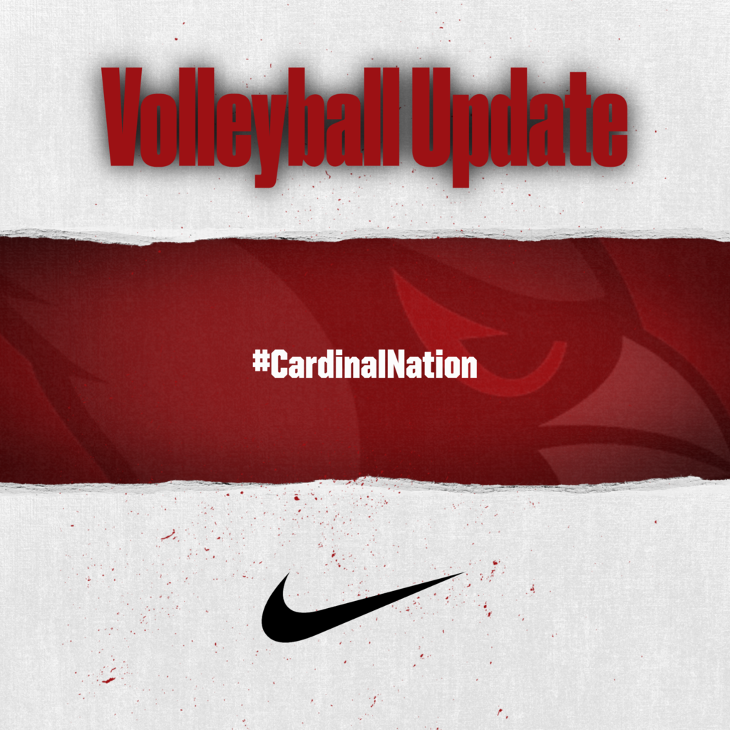 Red and white graphic with the text "Volleyball Update" and the hashtag "#CardinalNation". Nike logo in black.