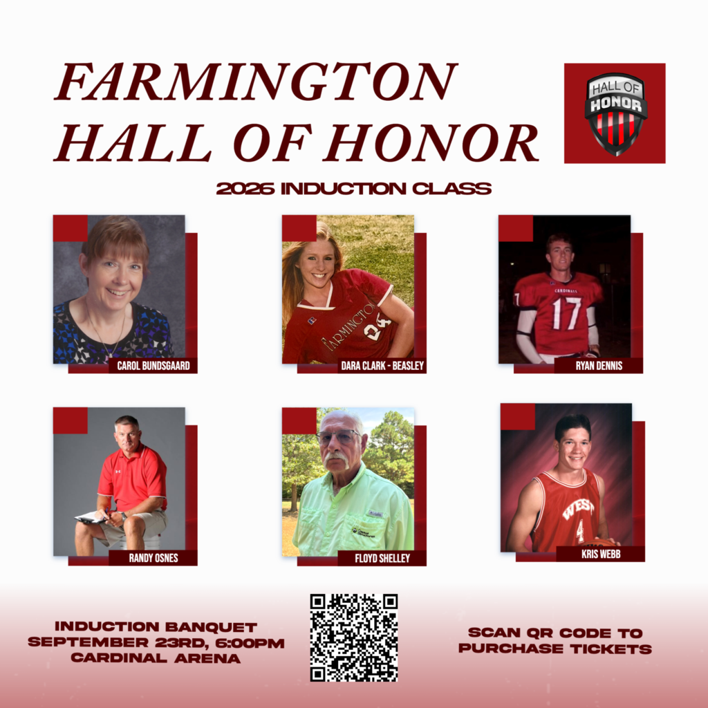 A poster shows the 2020 Farmington Hall of Honor induction class with headshots, names, and a QR code.