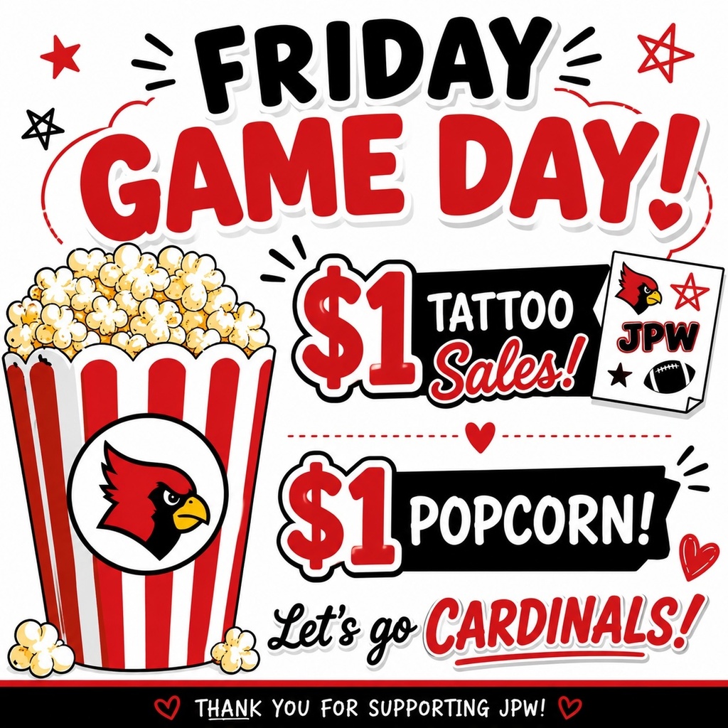 An advertisement for Friday Game Day with a popcorn bucket, a red bird logo, and the text "$1 Tattoo Sales!"