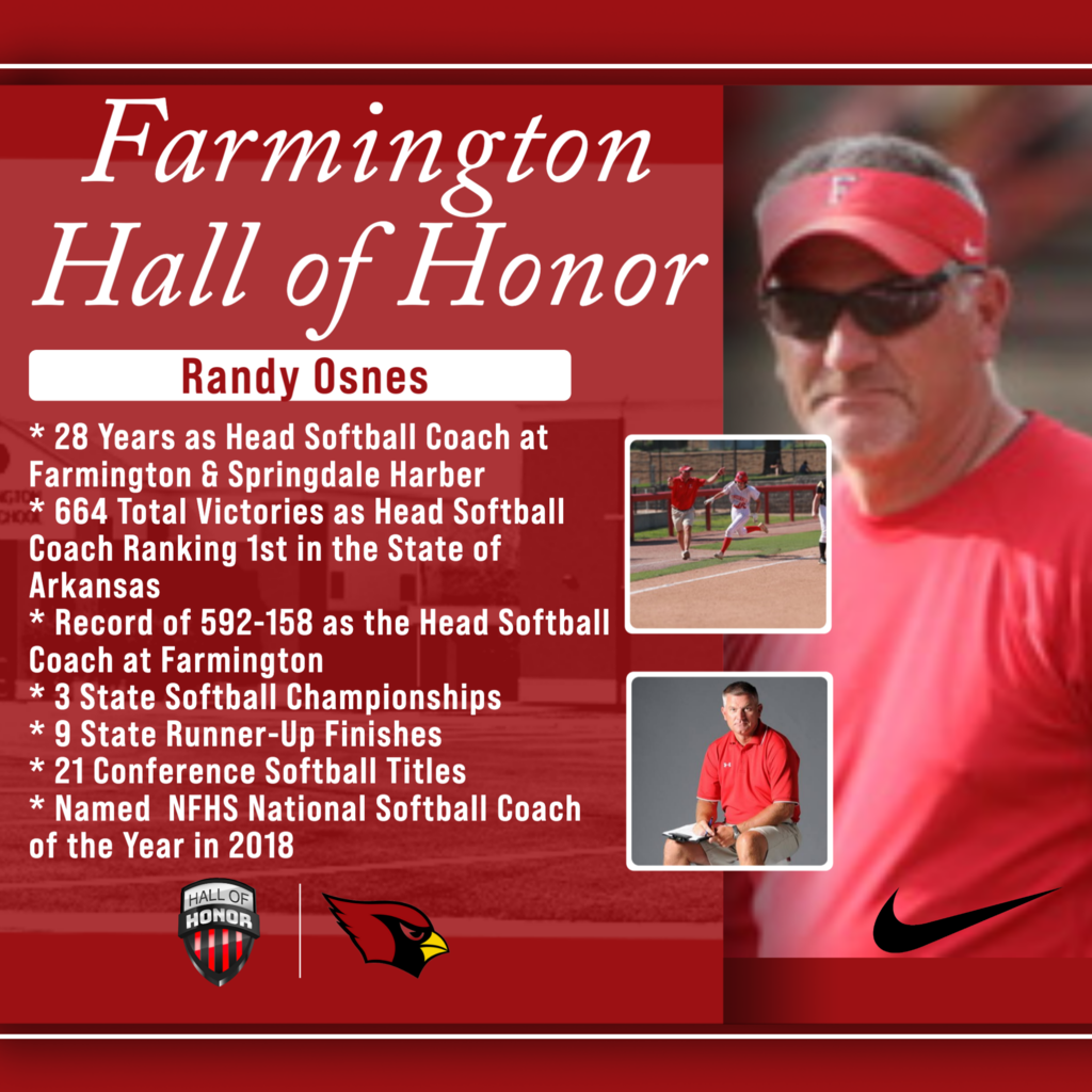 Red background. Text reads "Farmington Hall of Honor." Features a photo of a man in a red cap and sunglasses.
