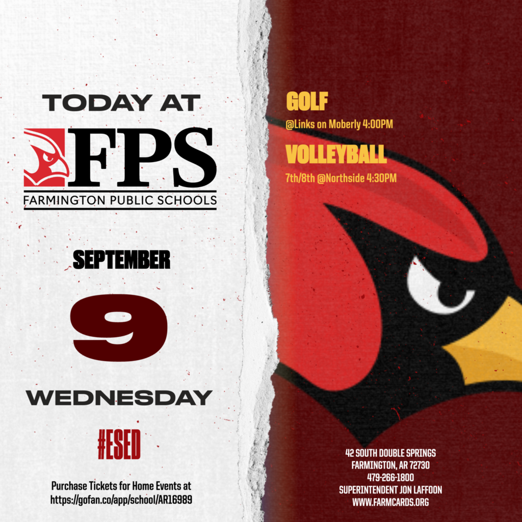 Poster for Farmington Public Schools events on September 9, featuring red bird mascot, date and sports listed.