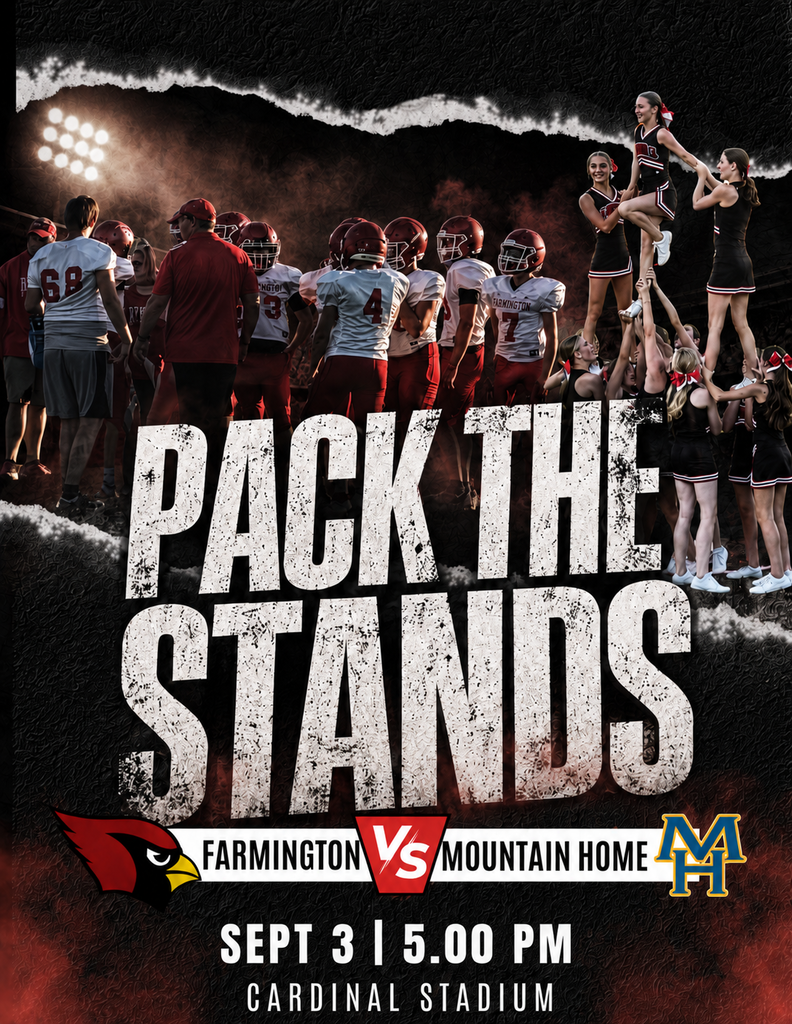 A sports event poster shows players in red and white uniforms. Cheerleaders lift players in the air. Text reads "Pack the Stands."