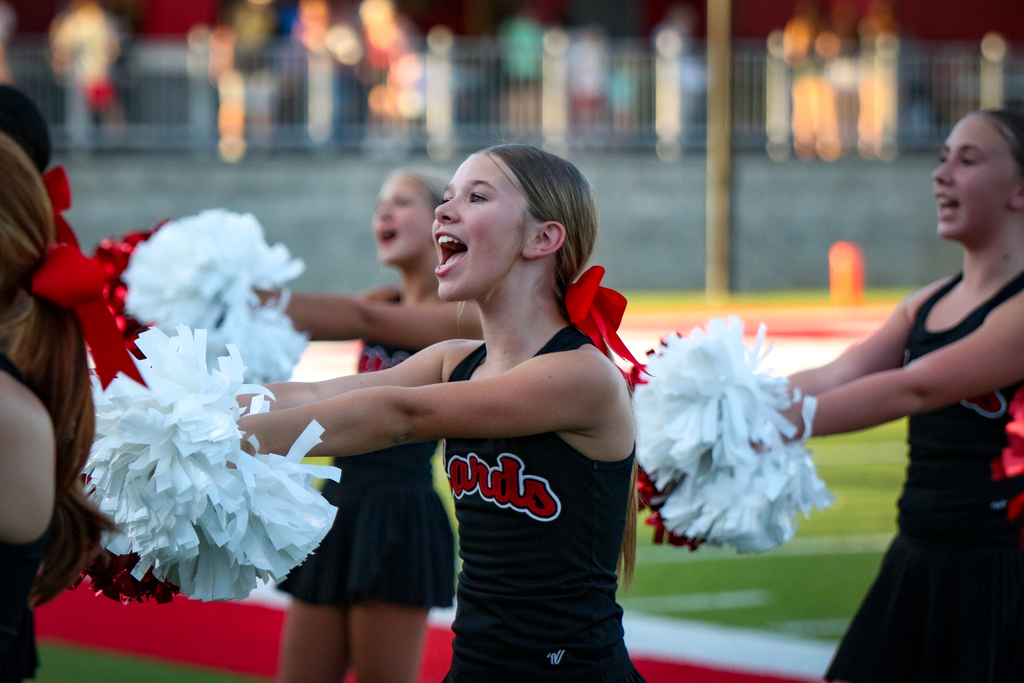 Four cheerleaders on a field, holding pom-poms. They wear matching black uniforms with red ribbons and are shouting.