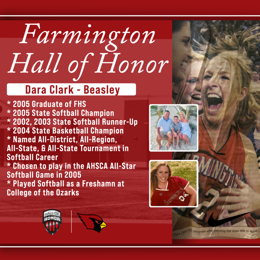 Red poster featuring a female athlete, Dara Clark-Beasley. Highlights include 2005 State Softball Champion, 2002, 2003 State Softball Runner-Up, and All-State selections.