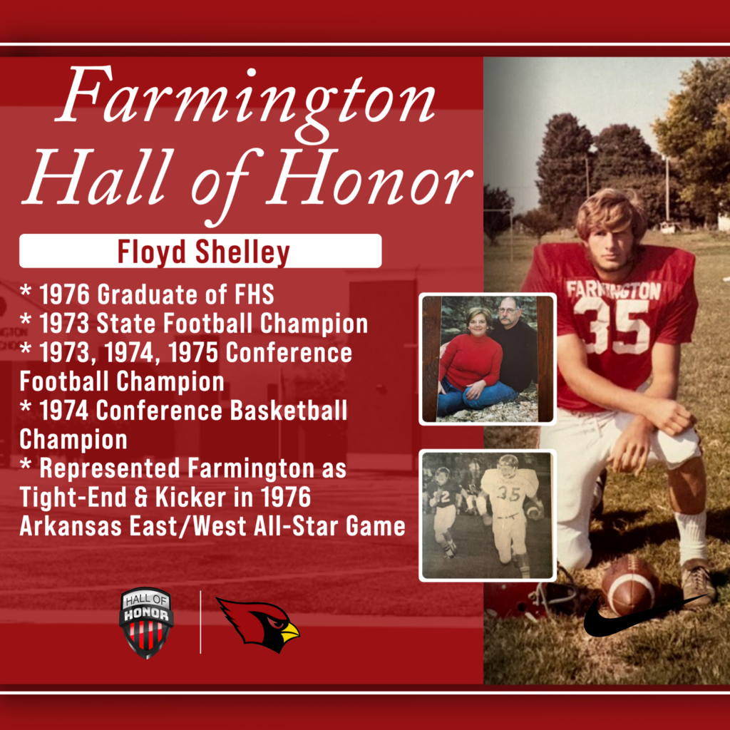 A red poster with text and images honoring Floyd Shelley, a 1976 graduate of Farmington High School.