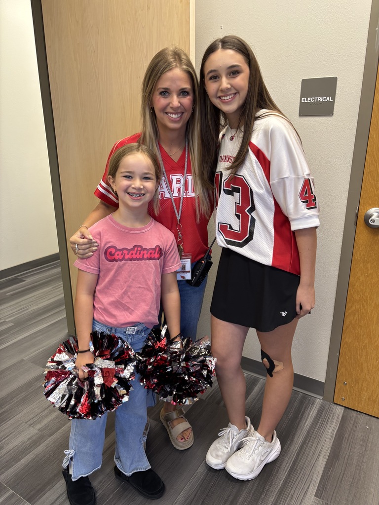 Three individuals in sports jerseys. One holds pom-poms, one wears a red and white uniform, and another wears a pink shirt.