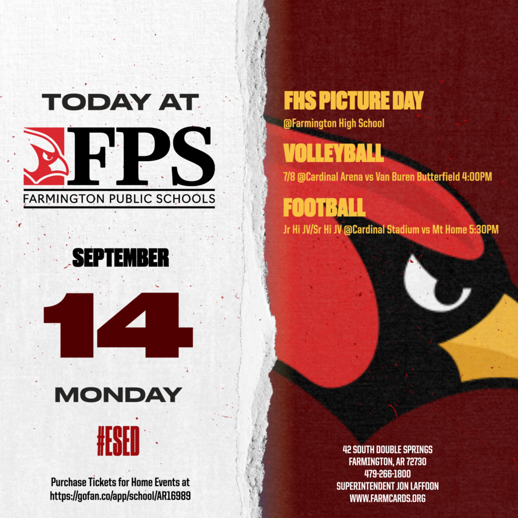Poster for Farmington Public Schools featuring a cardinal, school sports schedule, and event details for September 14, 2023.