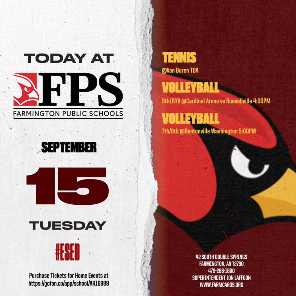 A flyer for Farmington Public Schools displays events for September 15. It features a red bird and a bold date.