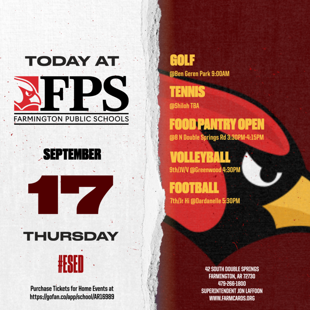 A flyer for Farmington Public Schools events on September 17, featuring sports schedules and a food pantry opening.