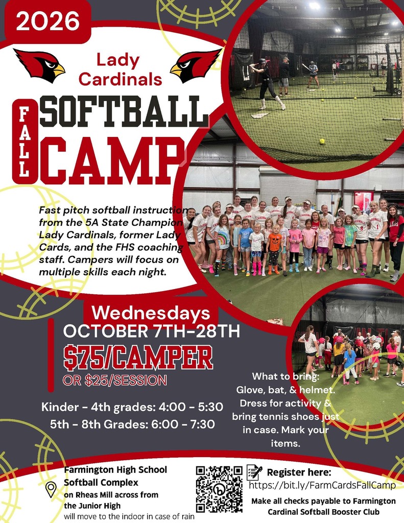 Flyer for the Lady Cardinals Softball Camp. It features two images of children and adults playing softball. Dates are October 7, 14, 21, and 28.