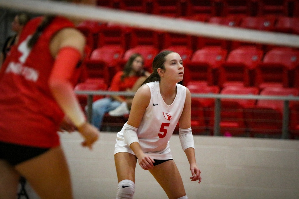 Two women in sports uniforms. One wears a white jersey with the number 5. They are in a gym with empty red seats in the background.