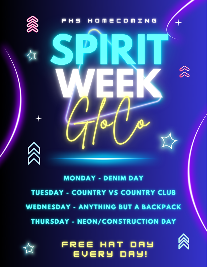 A neon-lit poster for Spirit Week at a high school, with days listed and specific themes.
