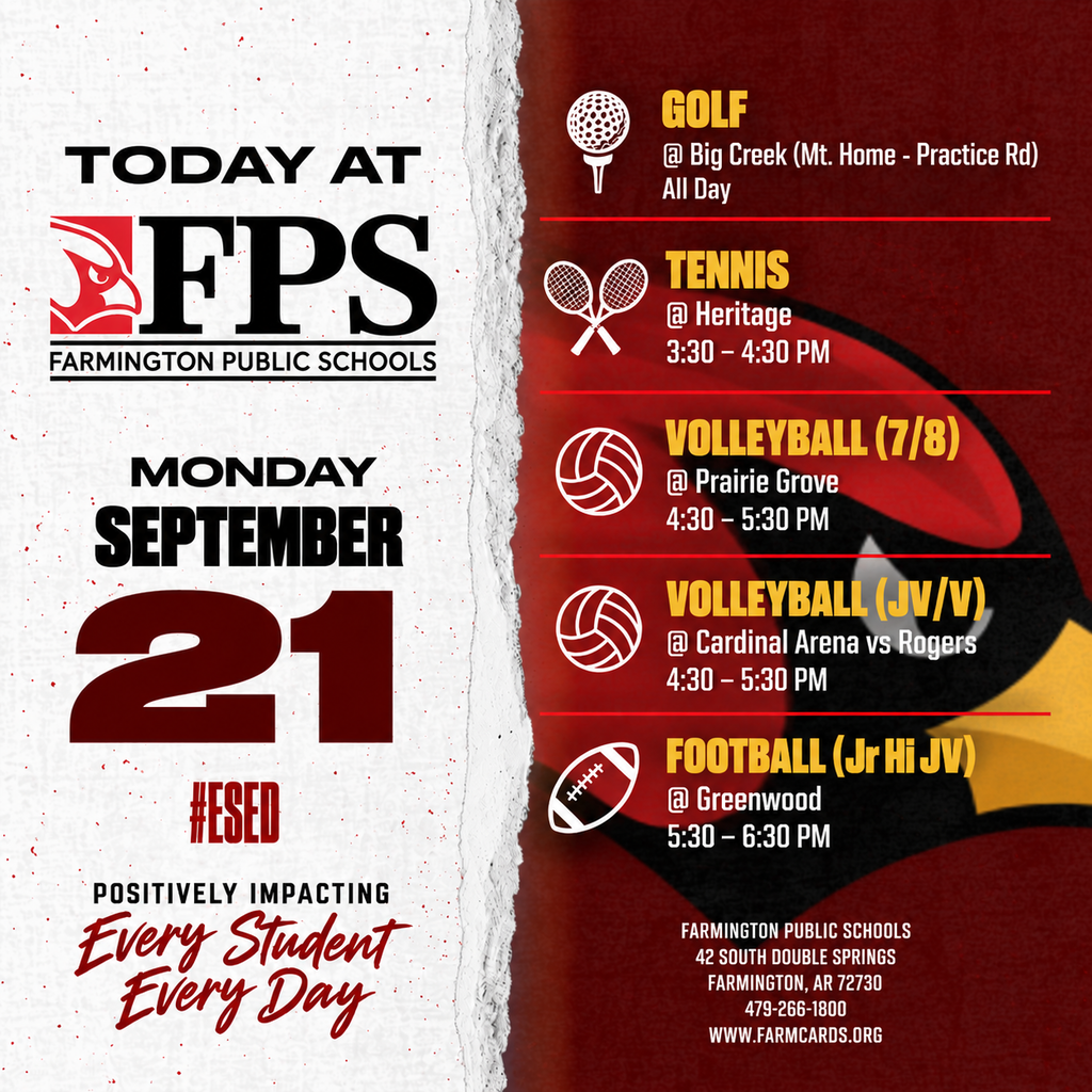 A red and white sports schedule for Farmington Public Schools, dated September 21. Events include tennis, volleyball, and football.