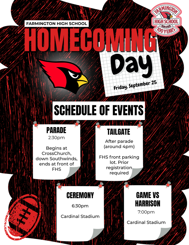 Poster with a red and black background and white text for Farmington High School's Homecoming Day, showing the event schedule.