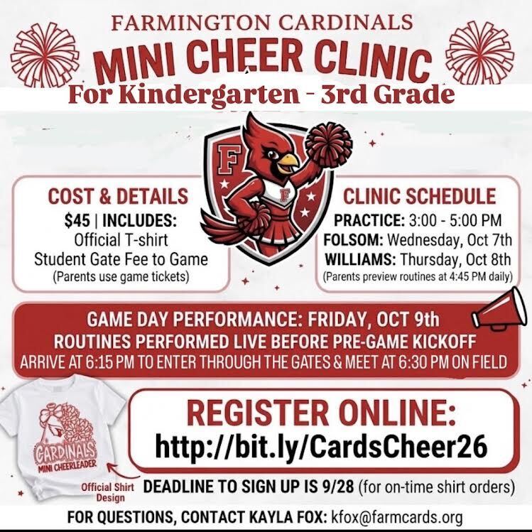 Flyer for Farmington Cardinals Mini Cheer Clinic for kindergarten to third grade. Cost is $45. Register at http://bit.ly/CardsCheer26.