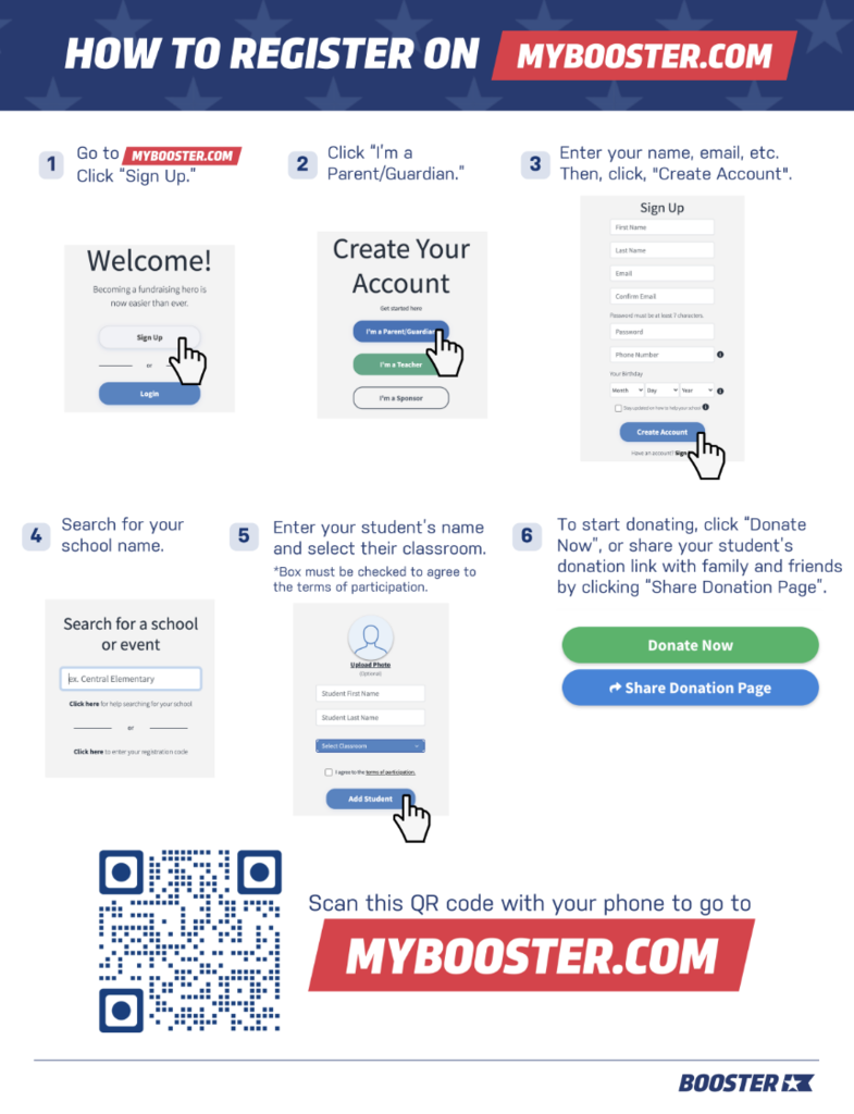 Step-by-step instructions for account registration. Includes sign up, create account, enter student name, search school, donate, and scan QR code.
